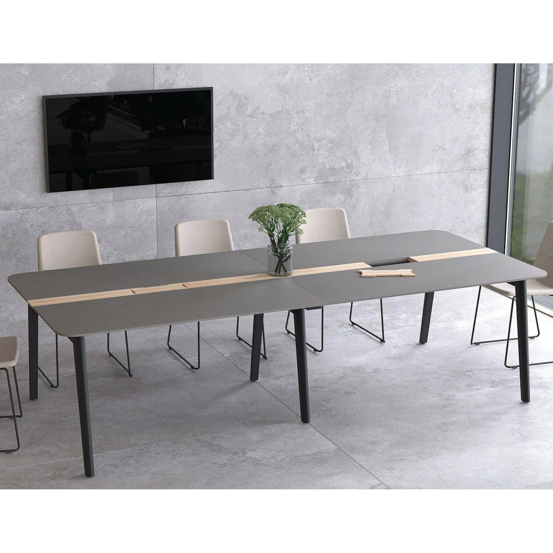 Заседателна маса Narbutas Nova Wood, 1600 x 1200 x 740 mm, правоъгълен плот, MDF 26 mm, HPL бял плот, крака светъл ясен