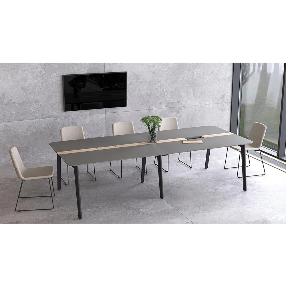 Заседателна маса Narbutas Nova Wood, 2800 x 1200 x 740 mm, правоъгълен плот, MDF 26 mm, HPL черен плот, крака светъл ясен
