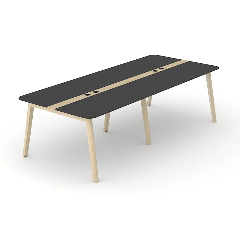 Заседателна маса Narbutas Nova Wood, 2800 x 1200 x 740 mm, правоъгълен плот, MDF 26 mm, HPL черен плот, крака светъл ясен