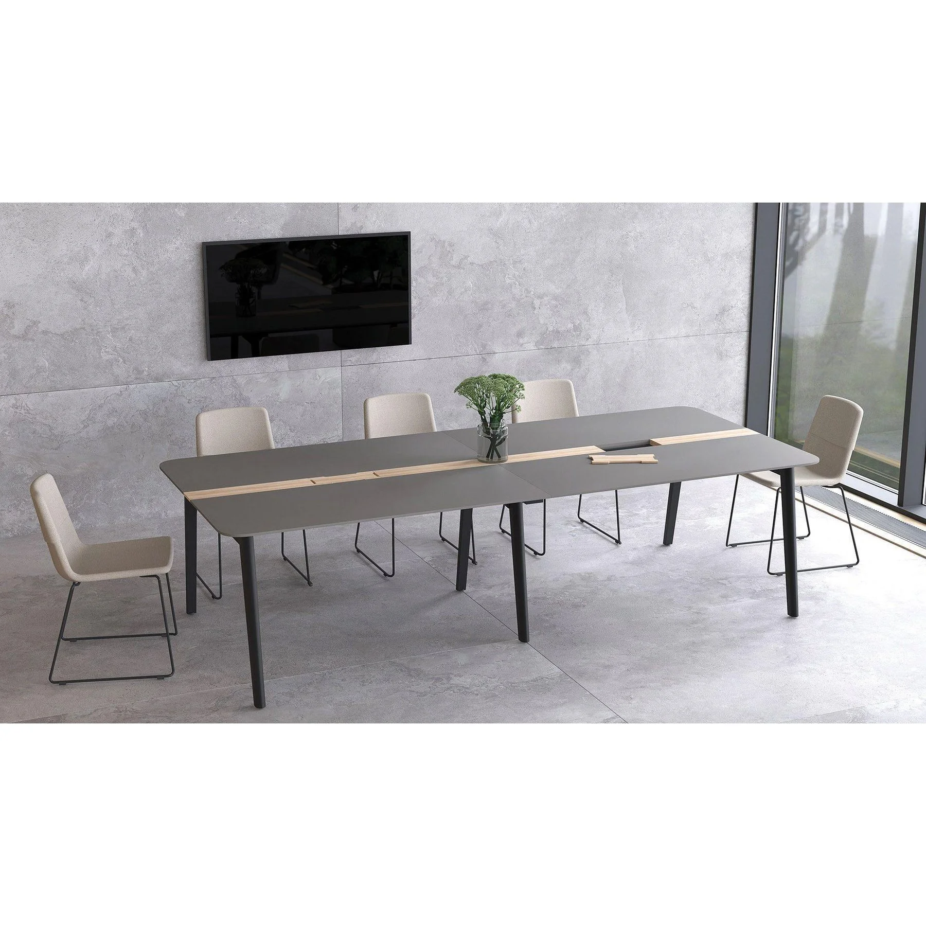 Заседателна маса Narbutas Nova Wood, 2800 x 1200 x 740 mm, правоъгълен плот, MDF 26 mm, HPL бял плот, бял метал, дървени крака