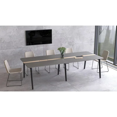 Заседателна маса Narbutas Nova Wood, 2800 x 1200 x 740 mm, правоъгълен плот, MDF 26 mm, HPL бял плот, бял метал, дървени крака