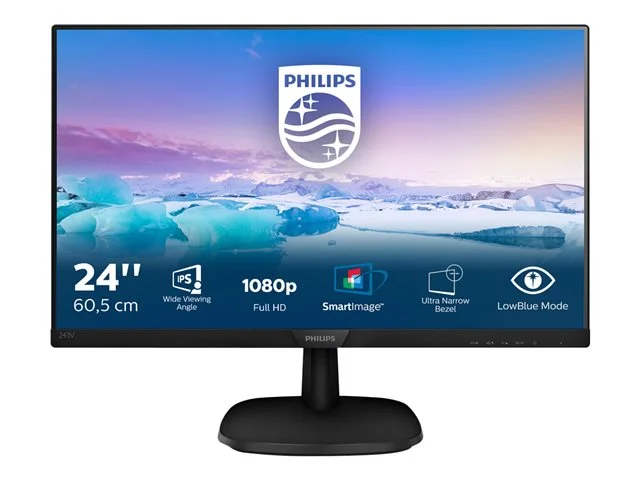 Монитор Philips 243V7QDSB, 23.8'', LED, 1920 x 1080, 250 cd/m2, 4 ms, HDMI, VGA, 16:9, 75 Hz, черен