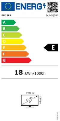Монитор Philips 243V7QDSB, 23.8'', LED, 1920 x 1080, 250 cd/m2, 4 ms, HDMI, VGA, 16:9, 75 Hz, черен