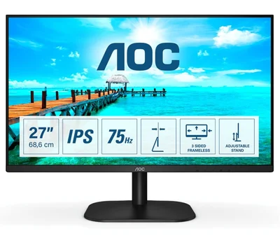 Монитор AOC 27B2DA, 27'', LED, 1920 x 1080, 250 cd/m2, 4 ms, HDMI, VGA, IPS, 16:9, 75 Hz, черен