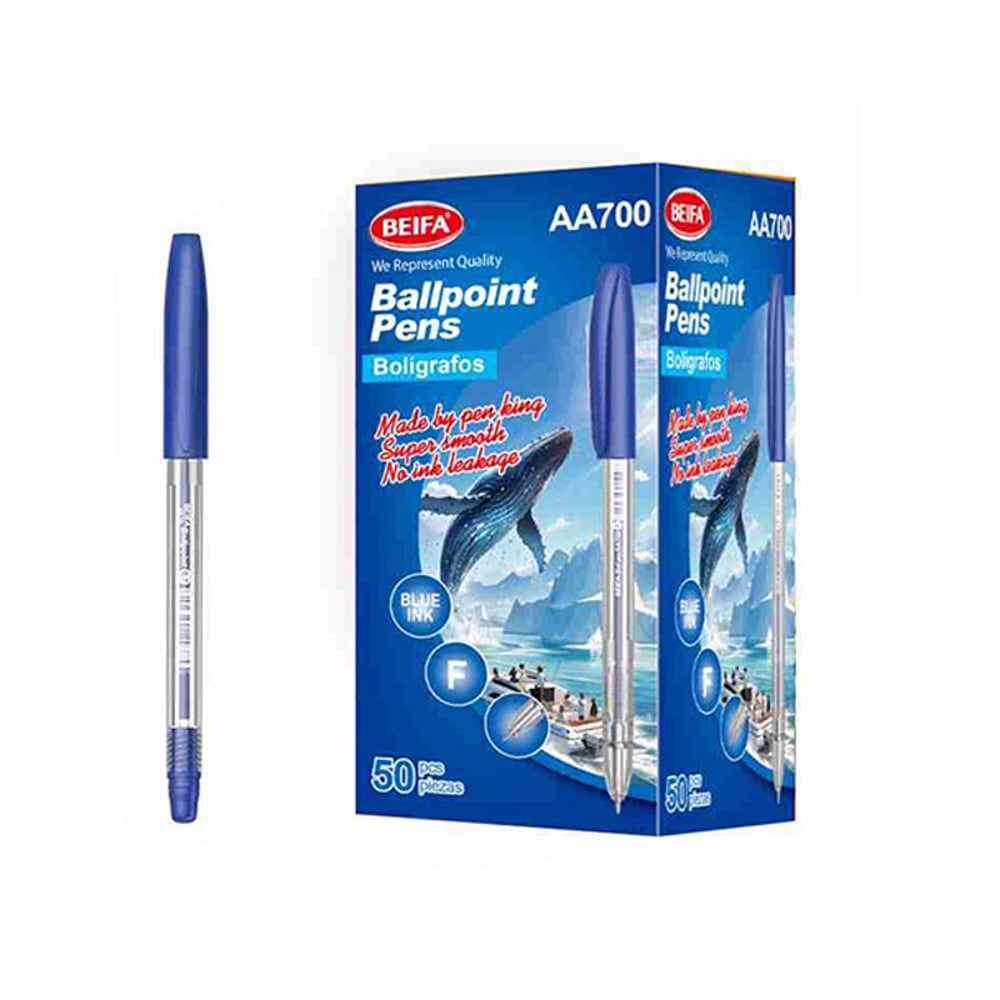 Beifa Химикалка AA700-50B2, 0.7 mm, прозрачна, синьо мастило, 50 броя