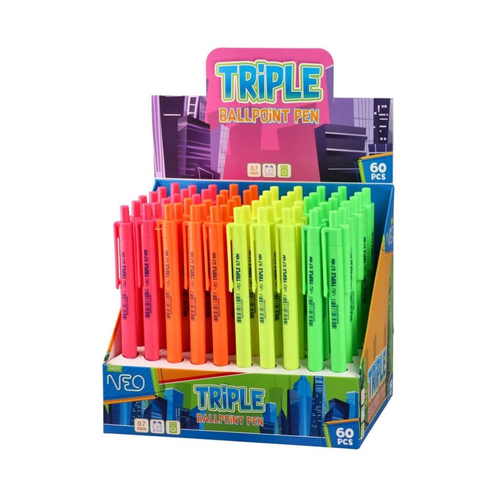 Химикалка Sazio Triple, автоматична, неонова, 0.7 mm, асорти