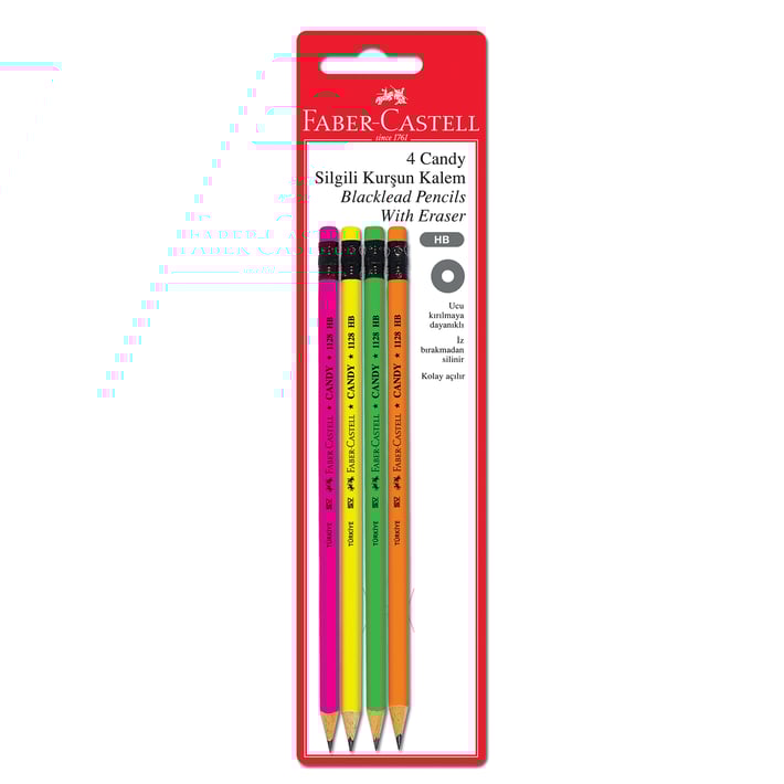 Faber-Castell Молив Candy, чернографитен, HB, с гума, флуоресцентен, 4 броя в блистер