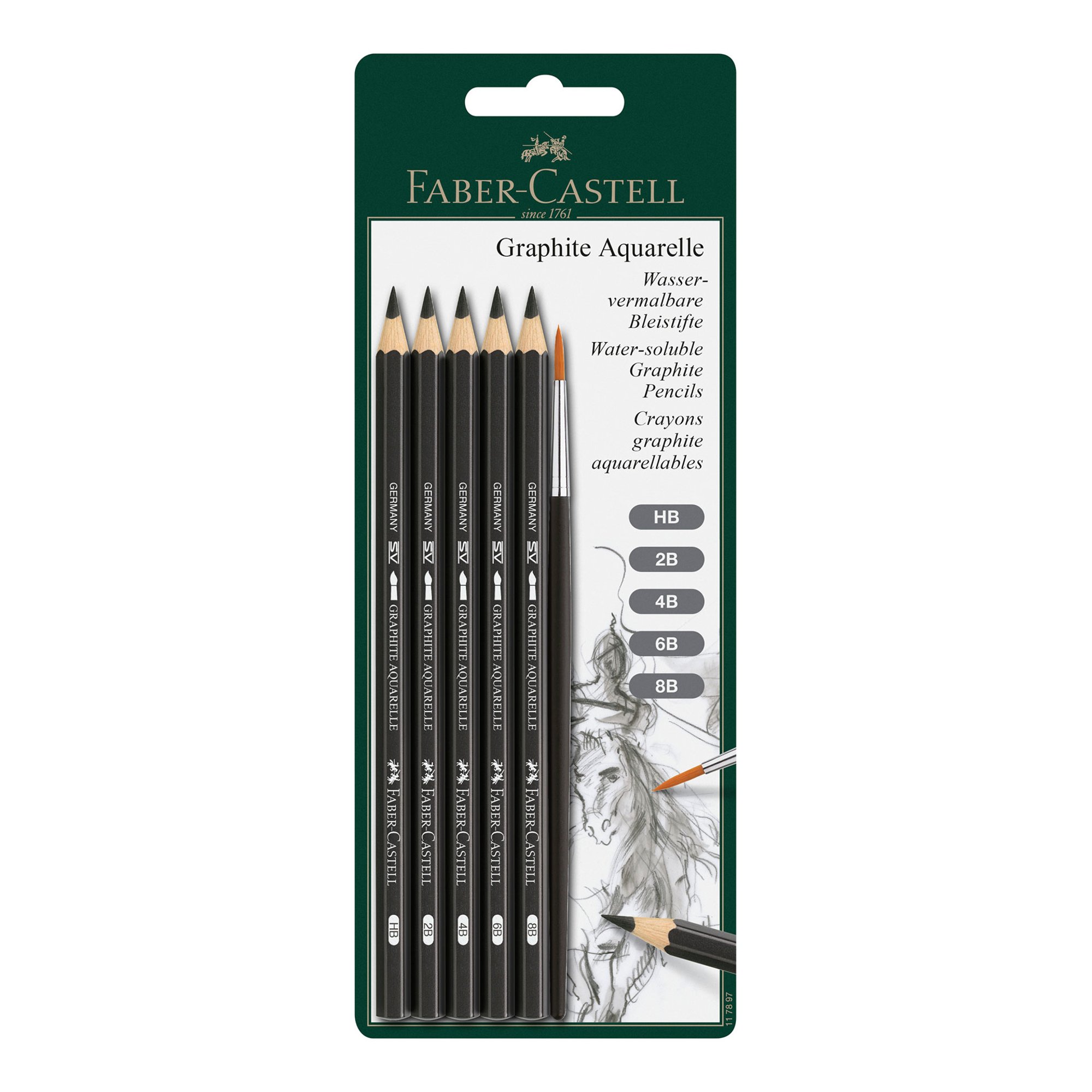 Faber-Castell Акварелни моливи Graphite Aquarelle, с четка, 5 броя