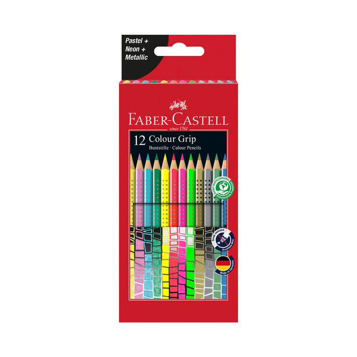 Faber-Castell Акварелни моливи Grip, 12 пастелни, неонови и металикови цвята