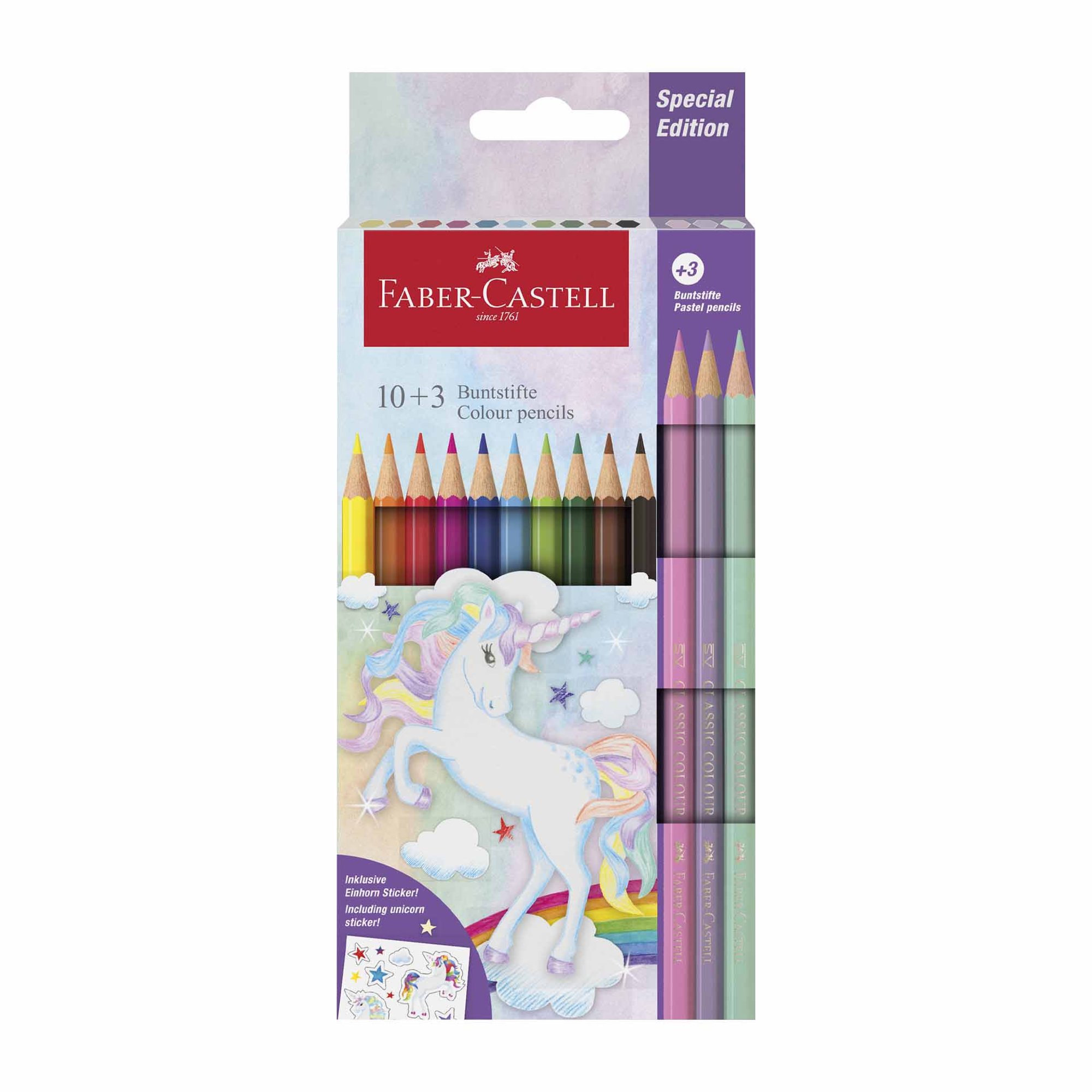 Faber-Castell Цветни моливи Еднорог, 10 стандартни и 3 пастелни цвята