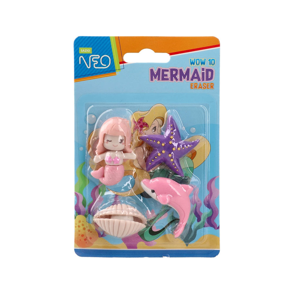 Гума за молив Sazio Wow10, русалка, 4 броя
