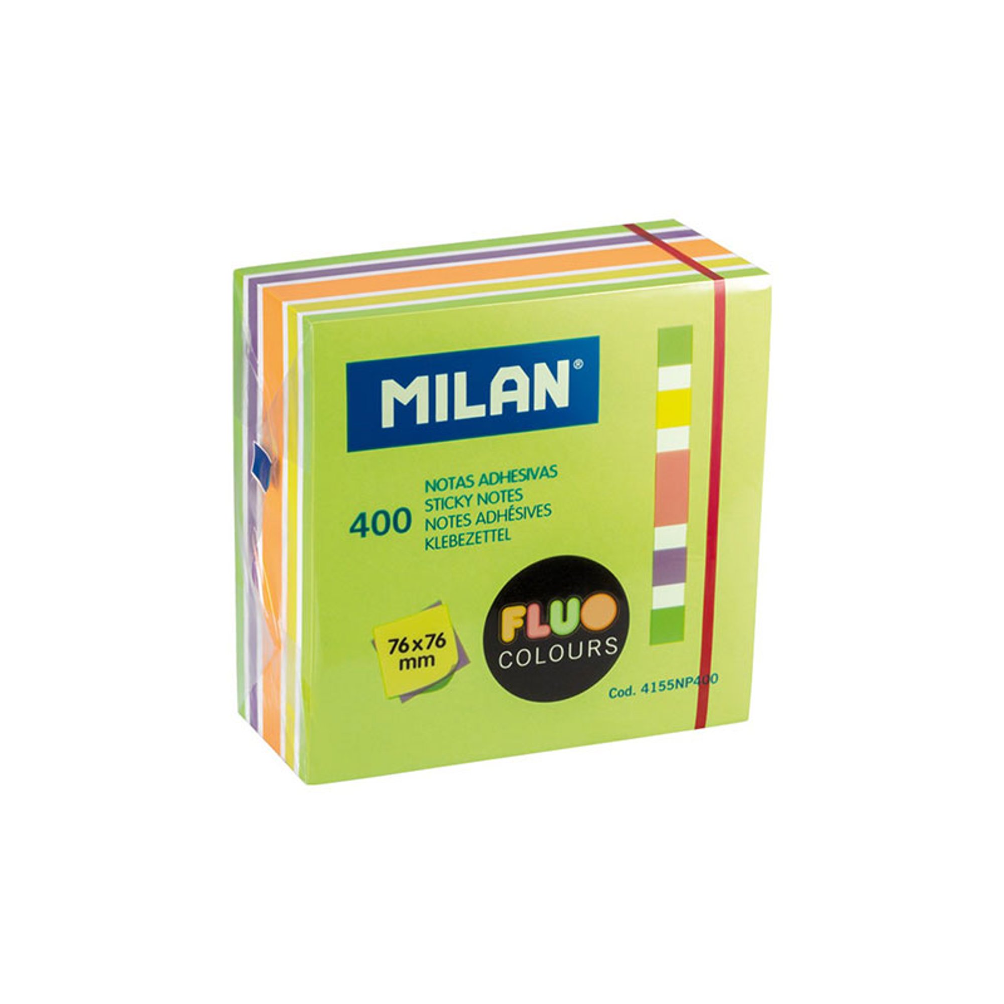 Milan Самозалепващи листчета Fluo, 76 x 76 mm, цветни, 400 листа, опаковка 12