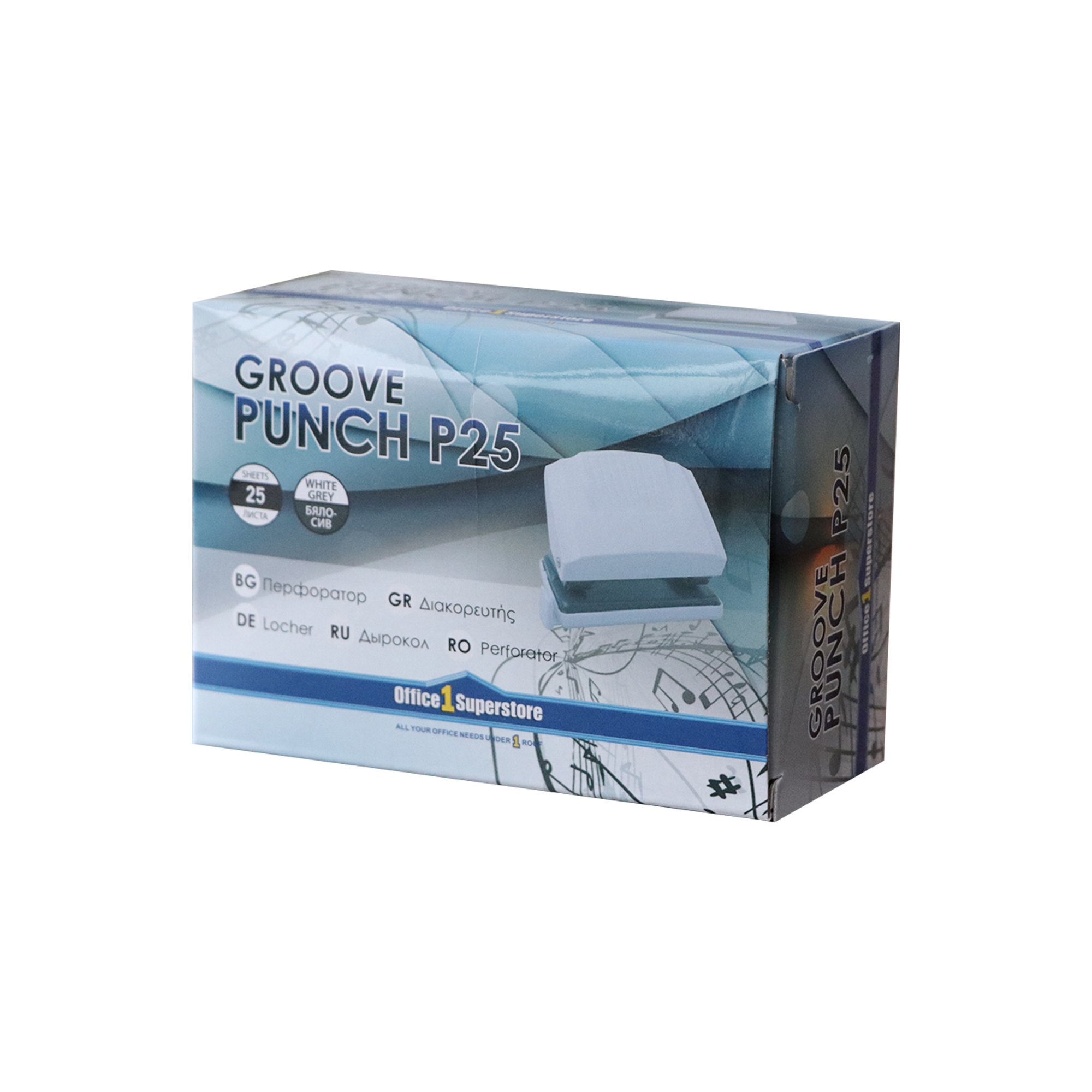 Office 1 Перфоратор Groove P25, с ограничител за 25 листа, бяло-сив