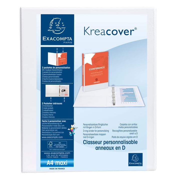 Exacompta Папка Kreacover, А4, с 4 ринга, 3 джоба, 47 mm, бяла