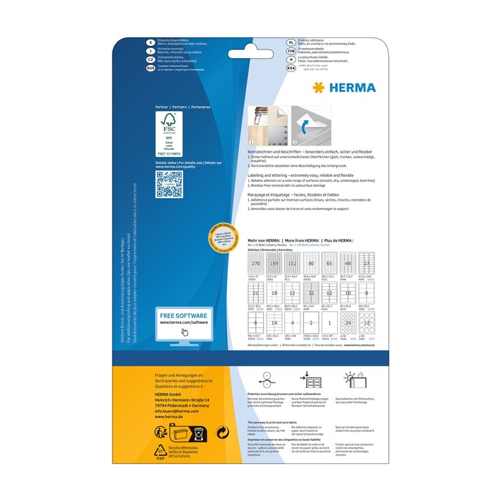 Herma Самозалепващи етикети, A4, презалепващи, 63.5 х 38.1 mm, 21 броя, 25 листа