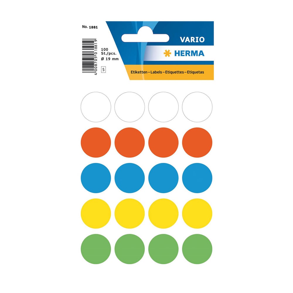 Herma Самозалепващи се етикети, кръгли, цветни, диаметър 19 mm, 100 броя