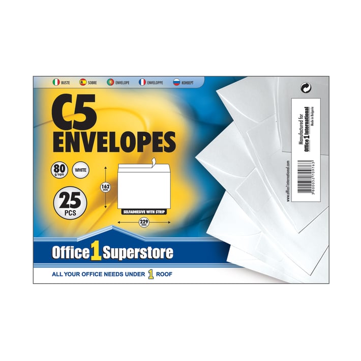Office 1 Плик, C5, 162 x 229 mm, хартиен, със самозалепваща лента, бял, 25 броя