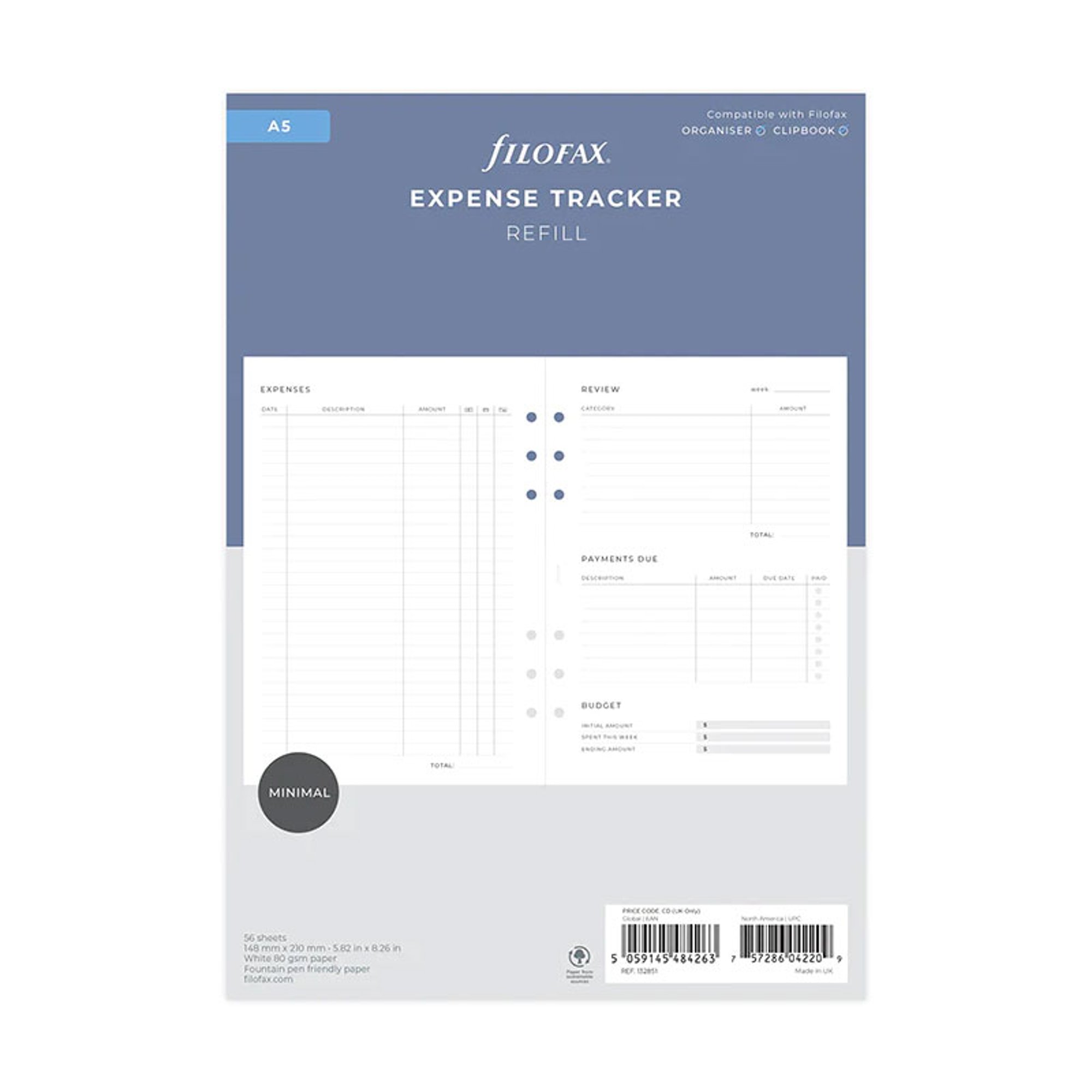 Filofax Пълнител за органайзер Minimal, A5, описване на разходи