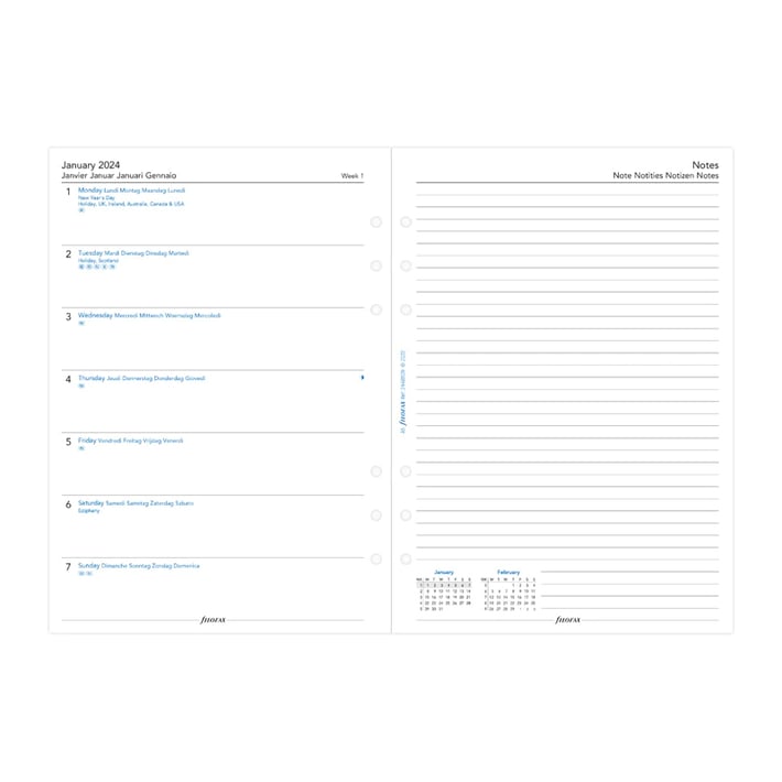 Filofax Пълнител за органайзер Classic, А5, за 2024 година, 1 седмица на страница, място за бележки