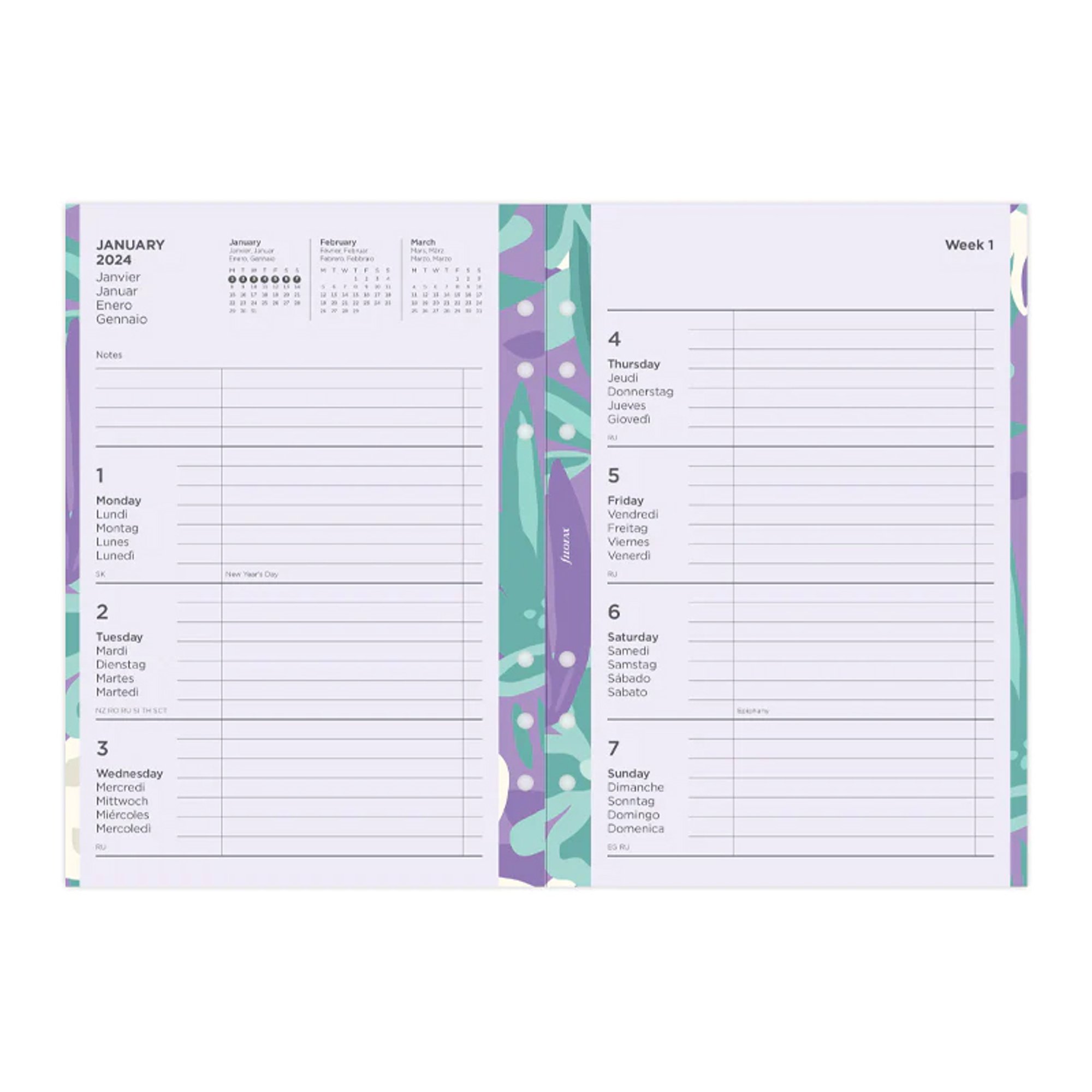 Filofax Пълнител за органайзер Floral, А5, за 2024 година, 1 седмица на 2 страници