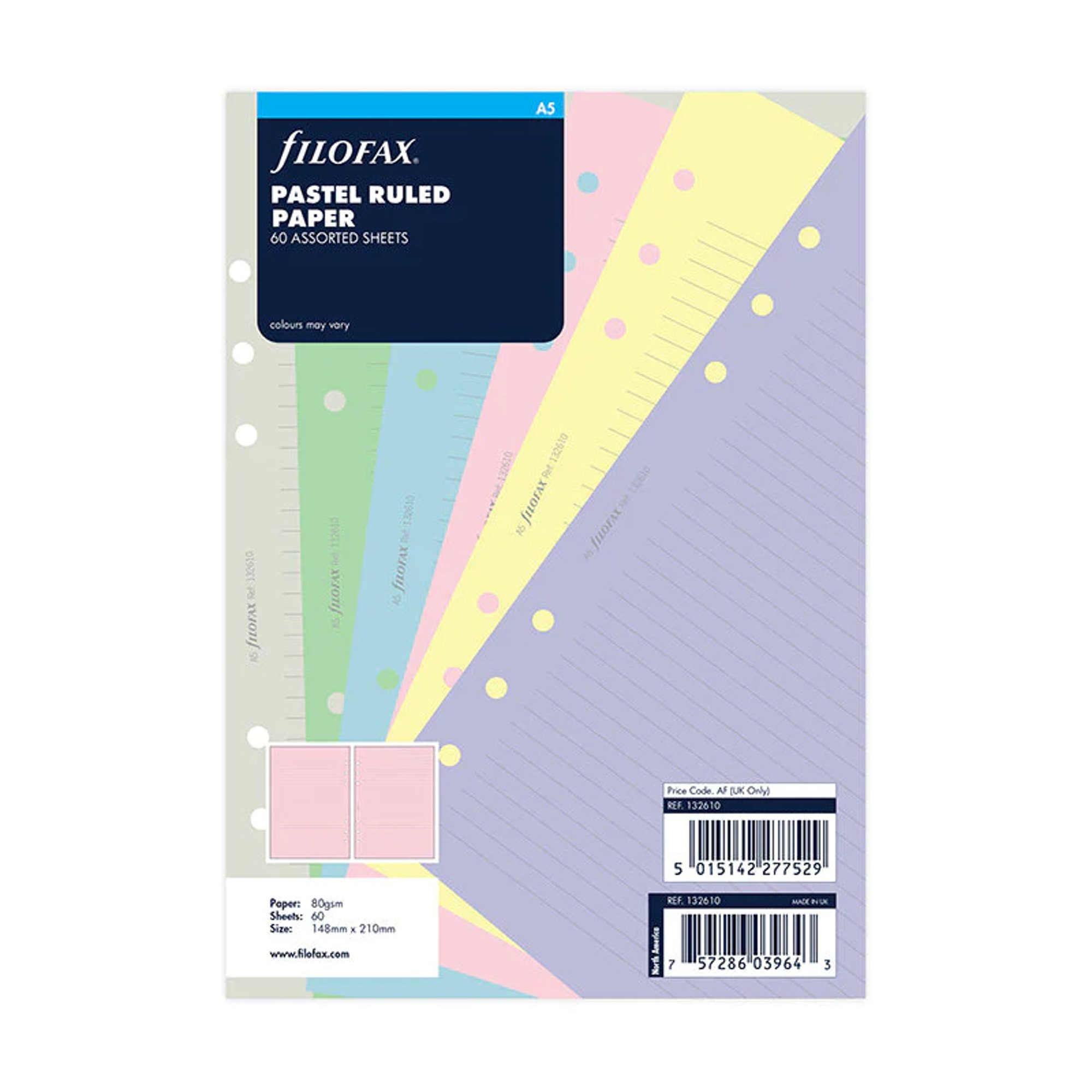 Filofax Пълнител за органайзер Pastel, А5, на редове, 6 цвята, асорти