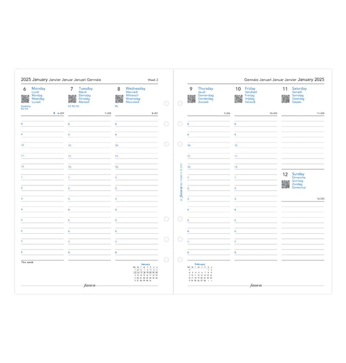 Filofax Пълнител за органайзер Classic, А5, за 2025 година, 1 седмица на 2 страници, вертикален