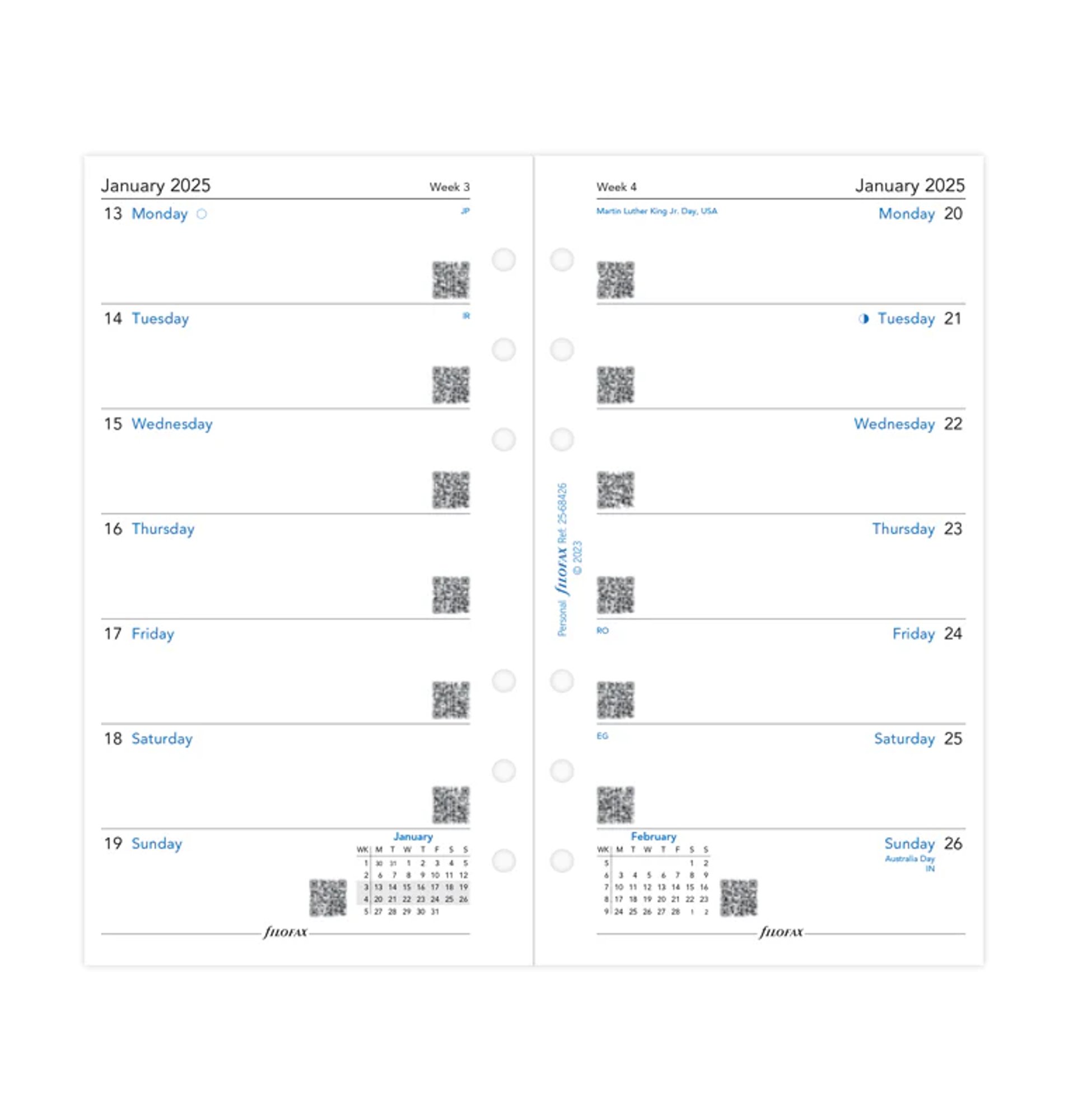 Filofax Пълнител за органайзер Classic, Personal, за 2025 година, 1 седмица на страница