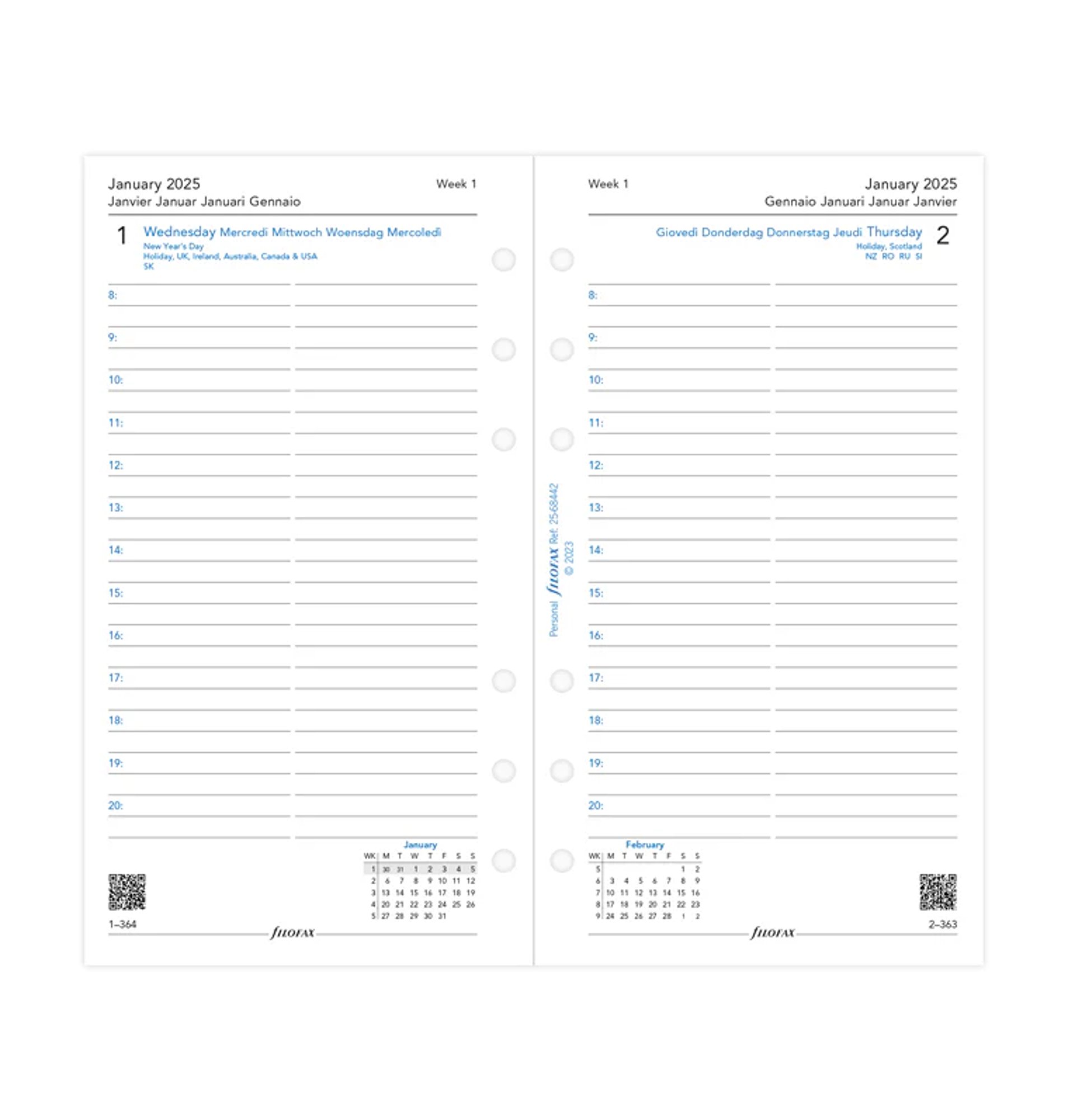 Filofax Пълнител за органайзер Classic, Personal, за 2025 година, 1 ден на страница