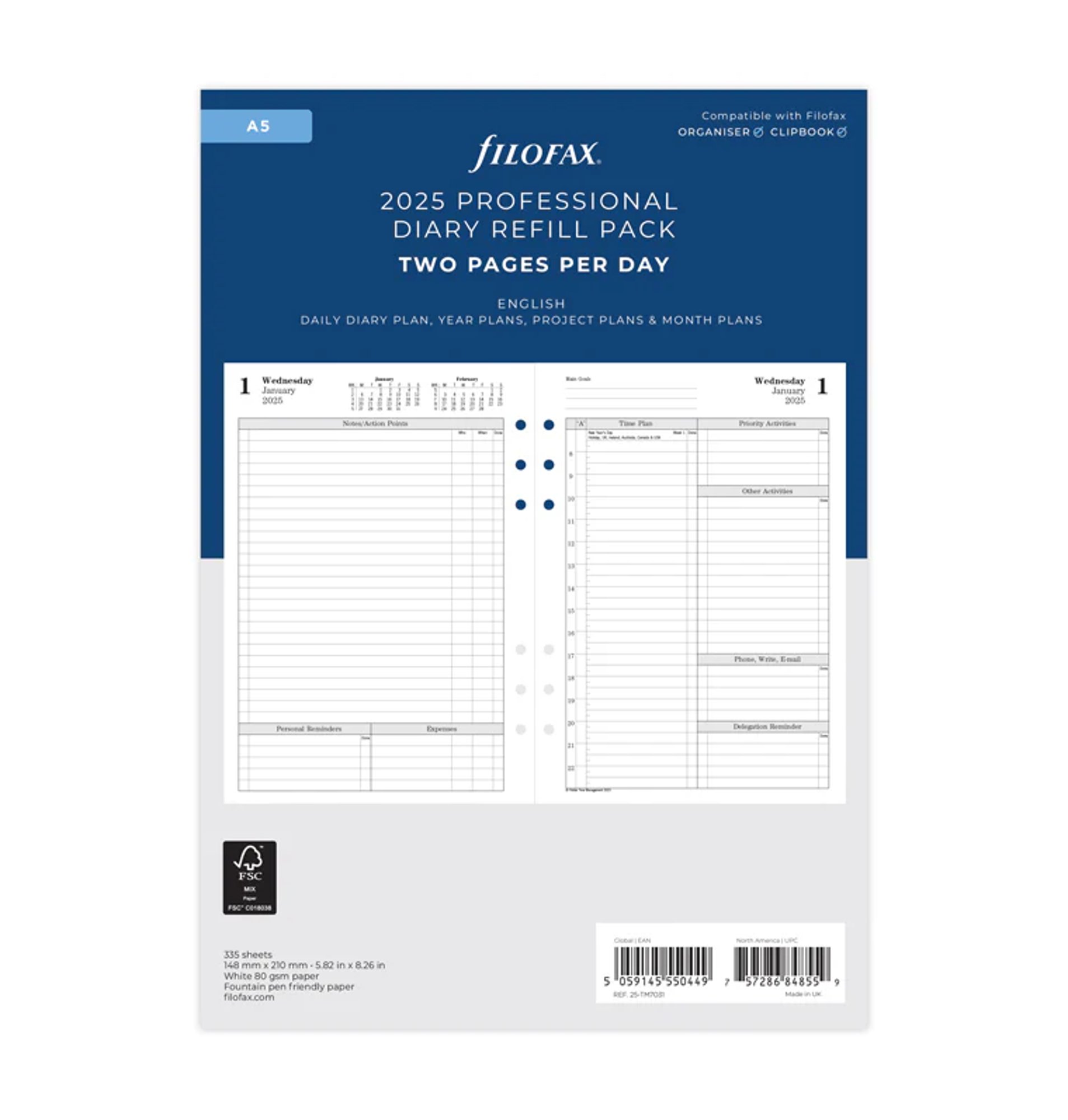 Filofax Пълнител за органайзер Classic, Time Managment, А5, за 2025 година, 1 ден на 2 страници