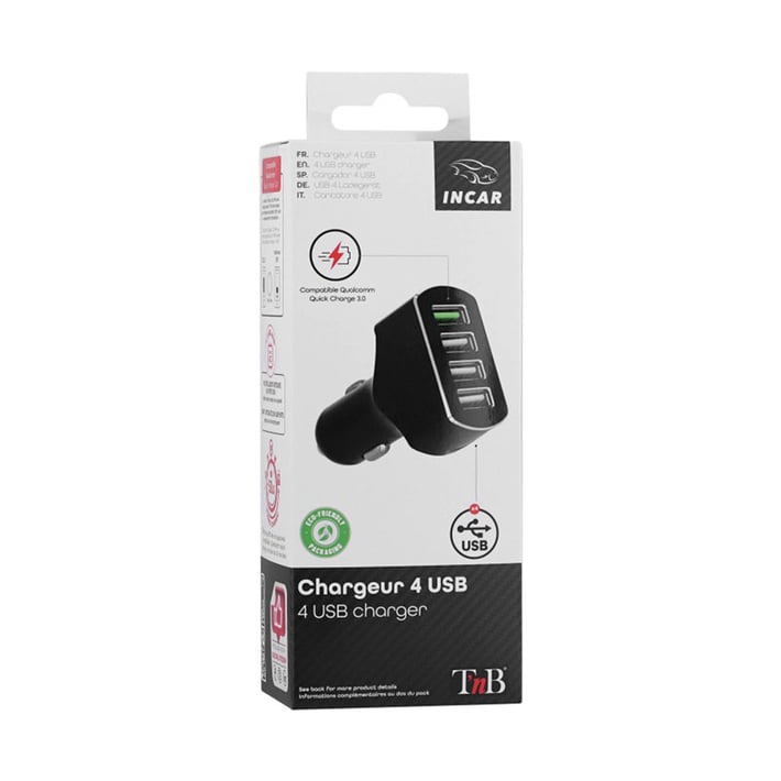 Зарядно устройство TNB, за автомобилна запалка, с 4 USB порта, Quick Charge 3.0 USB