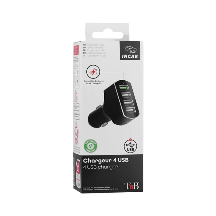 Зарядно устройство TNB, за автомобилна запалка, с 4 USB порта, Quick Charge 3.0 USB