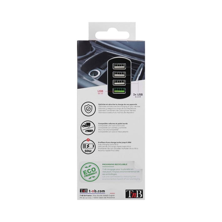 Зарядно устройство TNB, за автомобилна запалка, с 4 USB порта, Quick Charge 3.0 USB