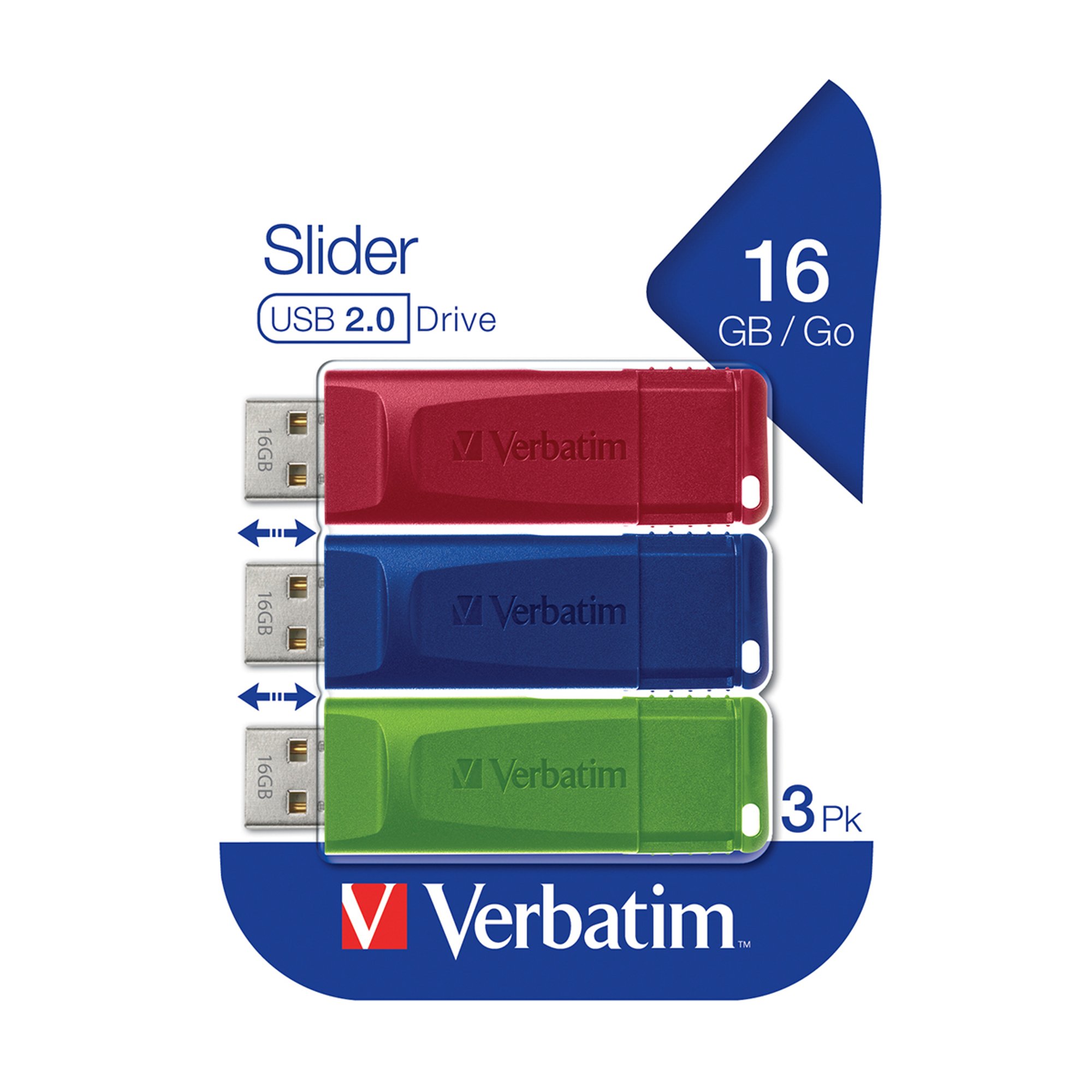 Verbatim USB флаш памет Slider, USB 2.0, 16GB, 3 броя