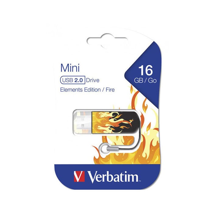 Verbatim USB флаш памет Mini Elements, USB 2.0, 16 GB, огън