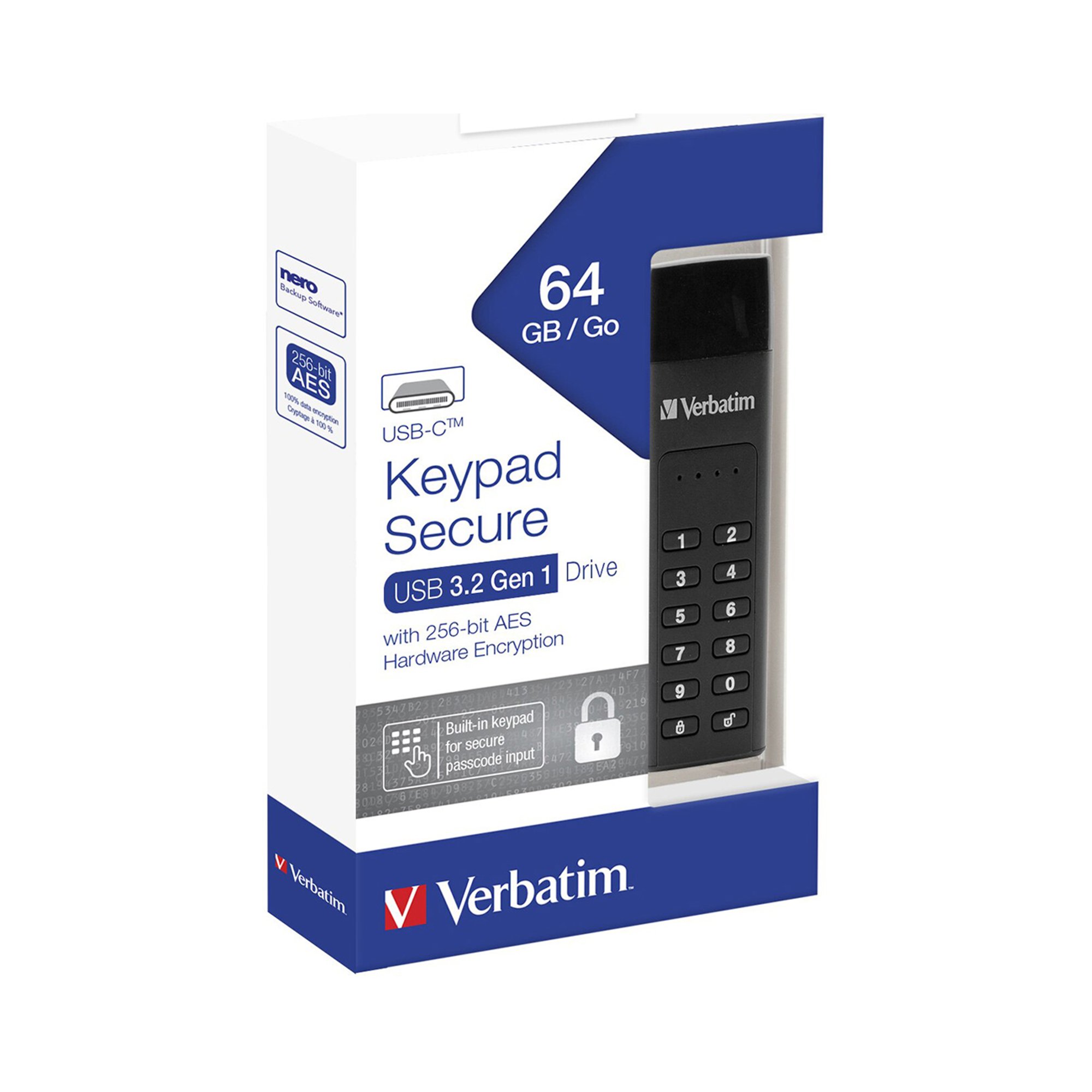 Verbatim USB флаш памет, Keypad Secure, USB Type-C 3.2, 64 GB, черна