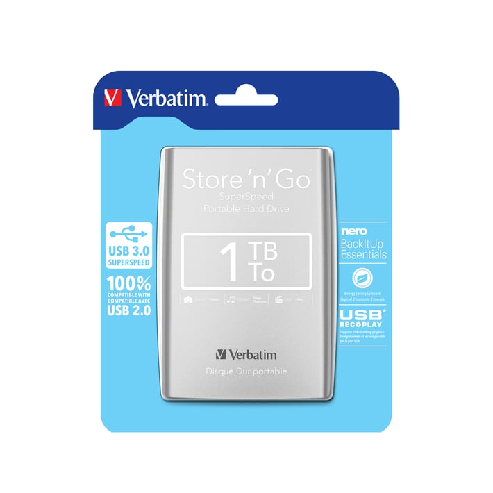 Verbatim Външен HDD твърд диск, 2.5'', USB 3.0, 1 TB, сребрист