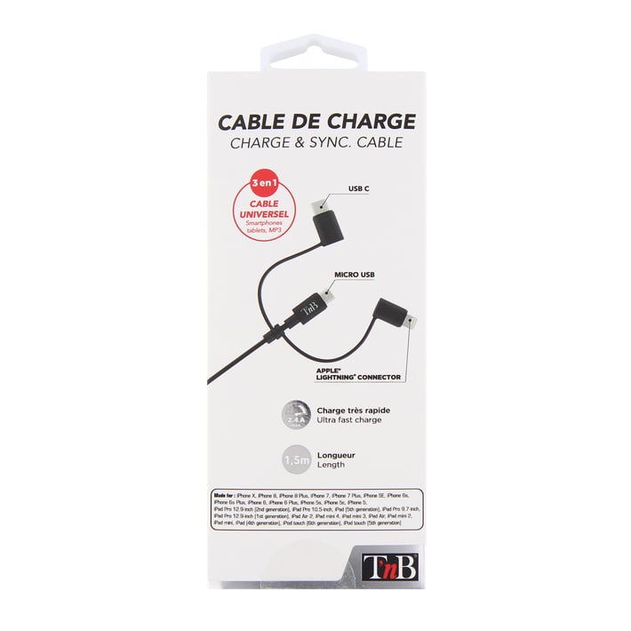 Кабел TNB 3 в 1 Lightning, с micro USB и USB type C, 1.5 m, USB-C