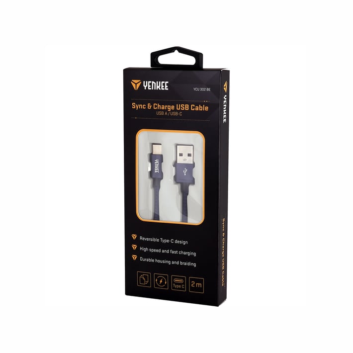 Yenkee Кабел 302 BE, USB-A Male към USB-C Male, 2 m, син