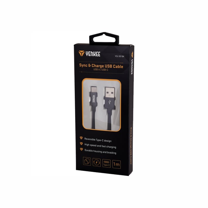 Yenkee Кабел 302 BK, USB-A Male към USB-C Male, 2 m, черен