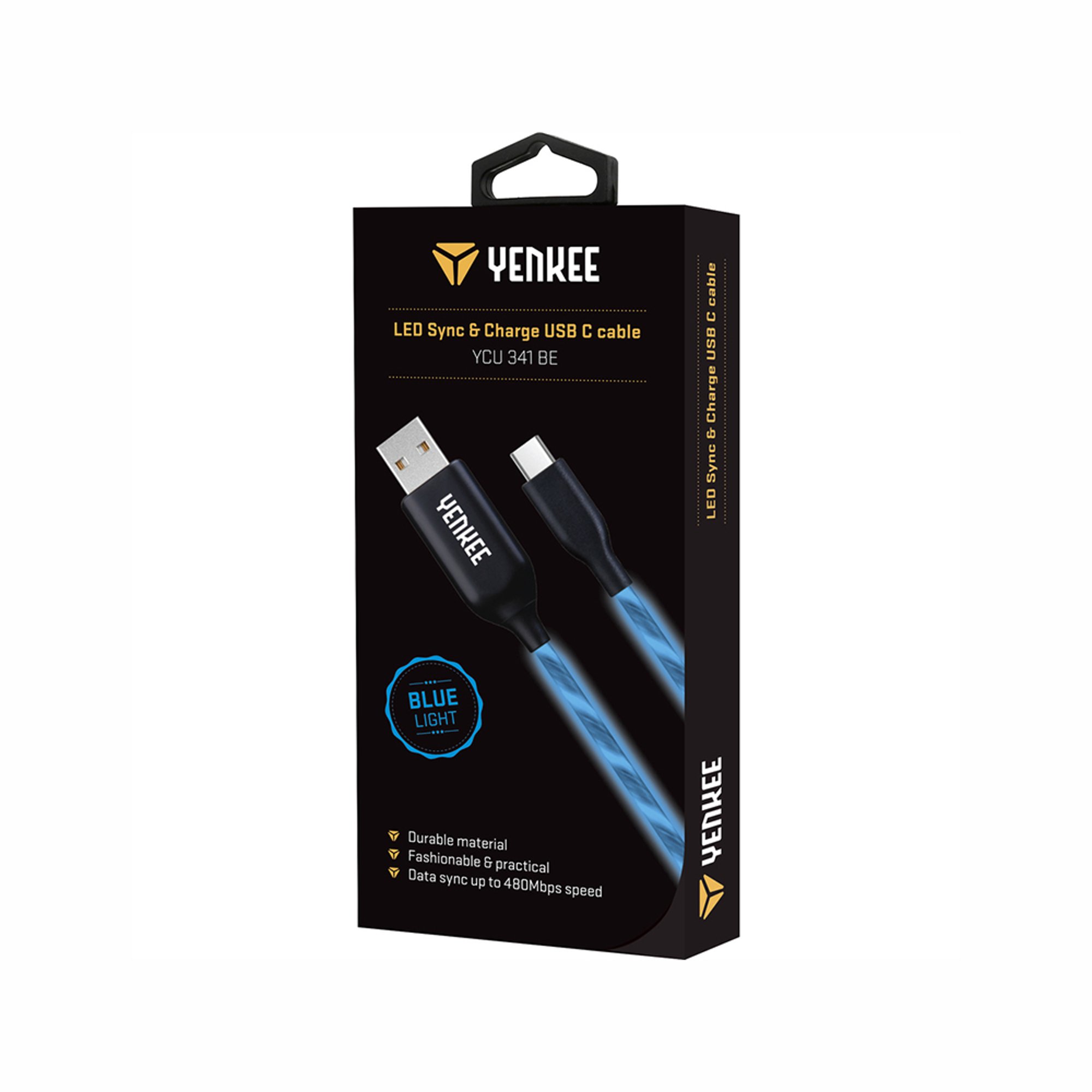 Yenkee Кабел 341 BE, USB Male към USB-C Male, LED, 2 m, син