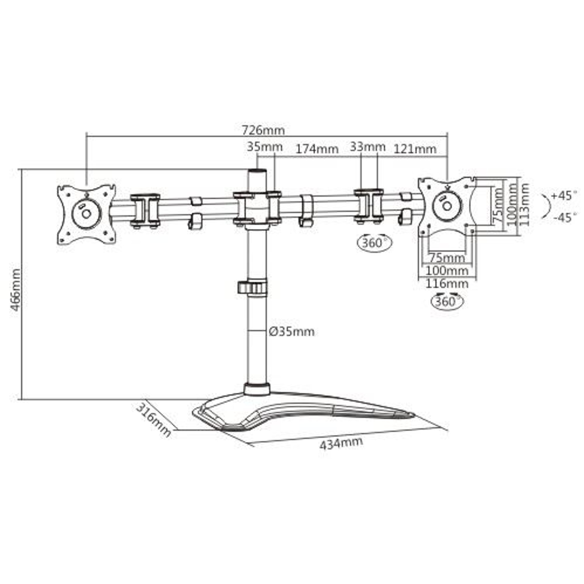 Lumi Стойка за 2 монитора LDT07-T024, 13'' - 27'', черна