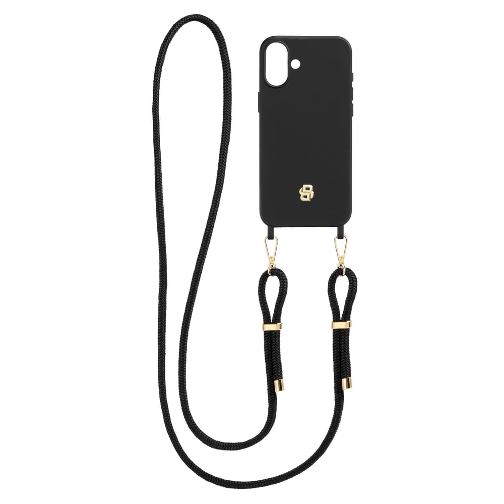 Hugo Boss Калъф за телефон, за iPhone 16 Plus, с връзка, черно-златист