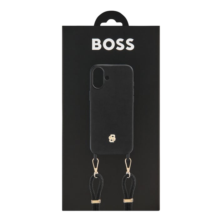 Hugo Boss Калъф за телефон, за iPhone 16 Plus, с връзка, черно-златист