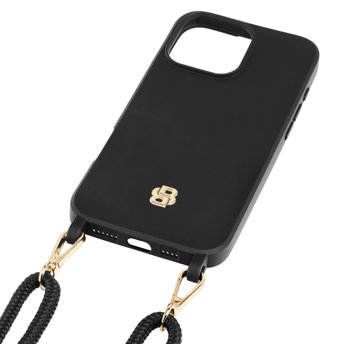 Hugo Boss Калъф за телефон, за iPhone 16 Pro Max, с връзка, черно-златист