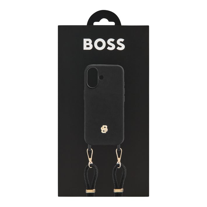 Hugo Boss Калъф за телефон, за iPhone 16, с връзка, черно-златист
