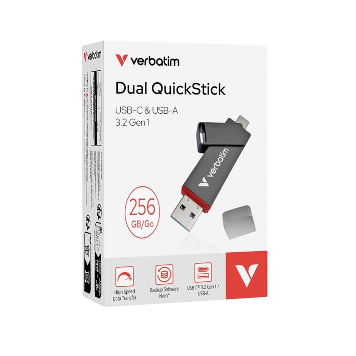 Verbatim USB флаш памет Dual QuickStick, USB Type A/Type C, 256 GB