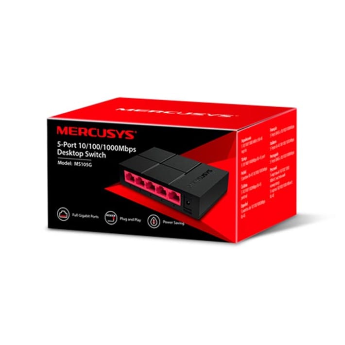 Mercusys Комутатор MS105G, настолен, 5 порта, 10/100/1000 Mbps, черен