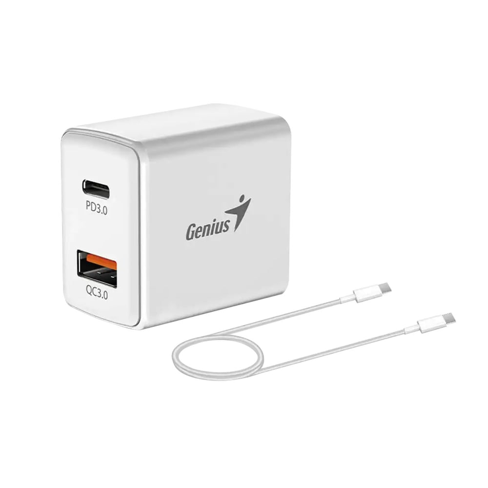 Genius Зарядно устройство PD-20ACP, USB Type-C, USB Type-A, 20 W, с кабел Type C, бяло