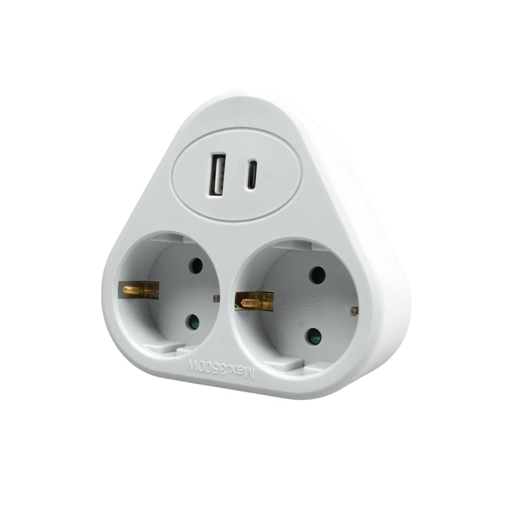 Разклонител Office 1, шуко, 2 гнезда, 1 USB Type-A, 1 USB Type-C, бяло-сив