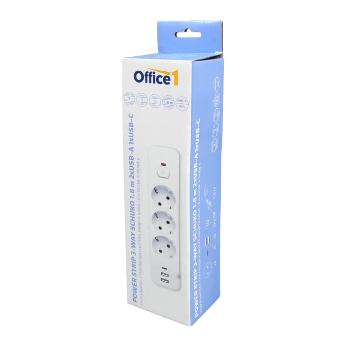 Разклонител Office 1, шуко, 3 гнезда, 1.8 m кабел, 2 USB Type-A, 1 USB Type-C, с ключ, бял